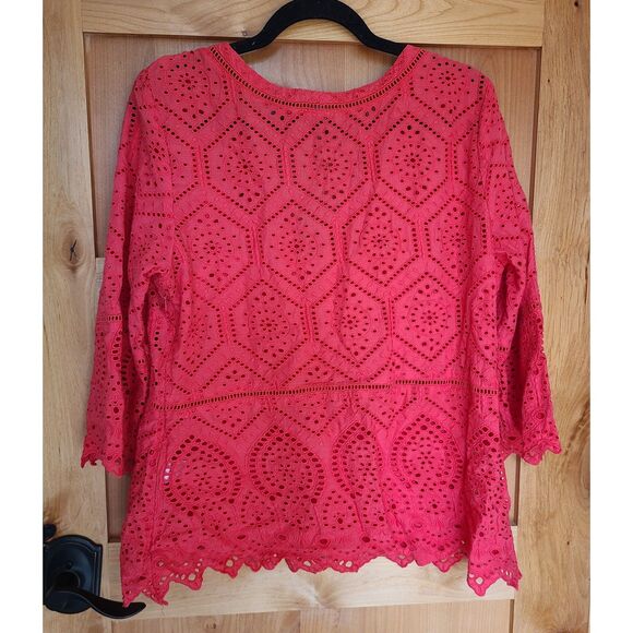 Sundance 100% Cotton Red Eyelet Top LARGE V Neck 3/4 Sleeve Feminine Elegant L - Picture 2 of 8